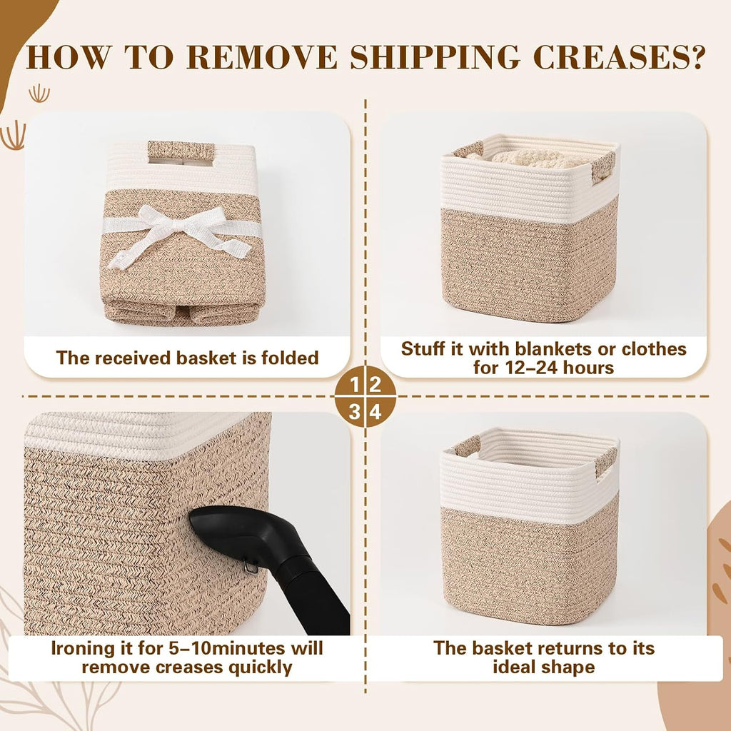 11 Inch Storage Cubes, 3 Pack Cube Storage Bins for Organizing, Cotton Rope Woven Baskets for Shelves, Bathroom, Kids Room, Closets, Baby Nursery