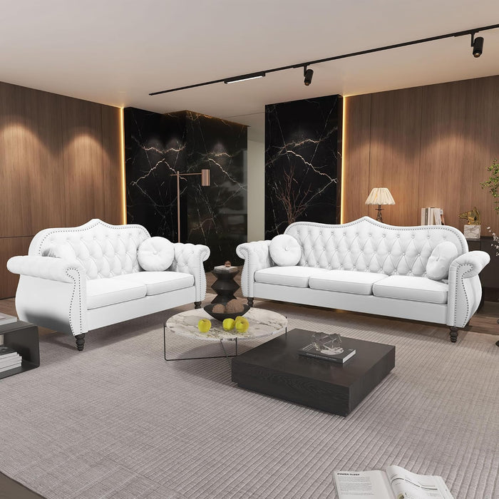 AVZEAR Chesterfield 2-Piece Living Room Sectional Sofa Set, Mid-Century Modern Upholstered Velvet Sofa Couch, Classic Tufted Button Sofa with Nailhead Trim for Living Room, Office (2+3 Seat White)