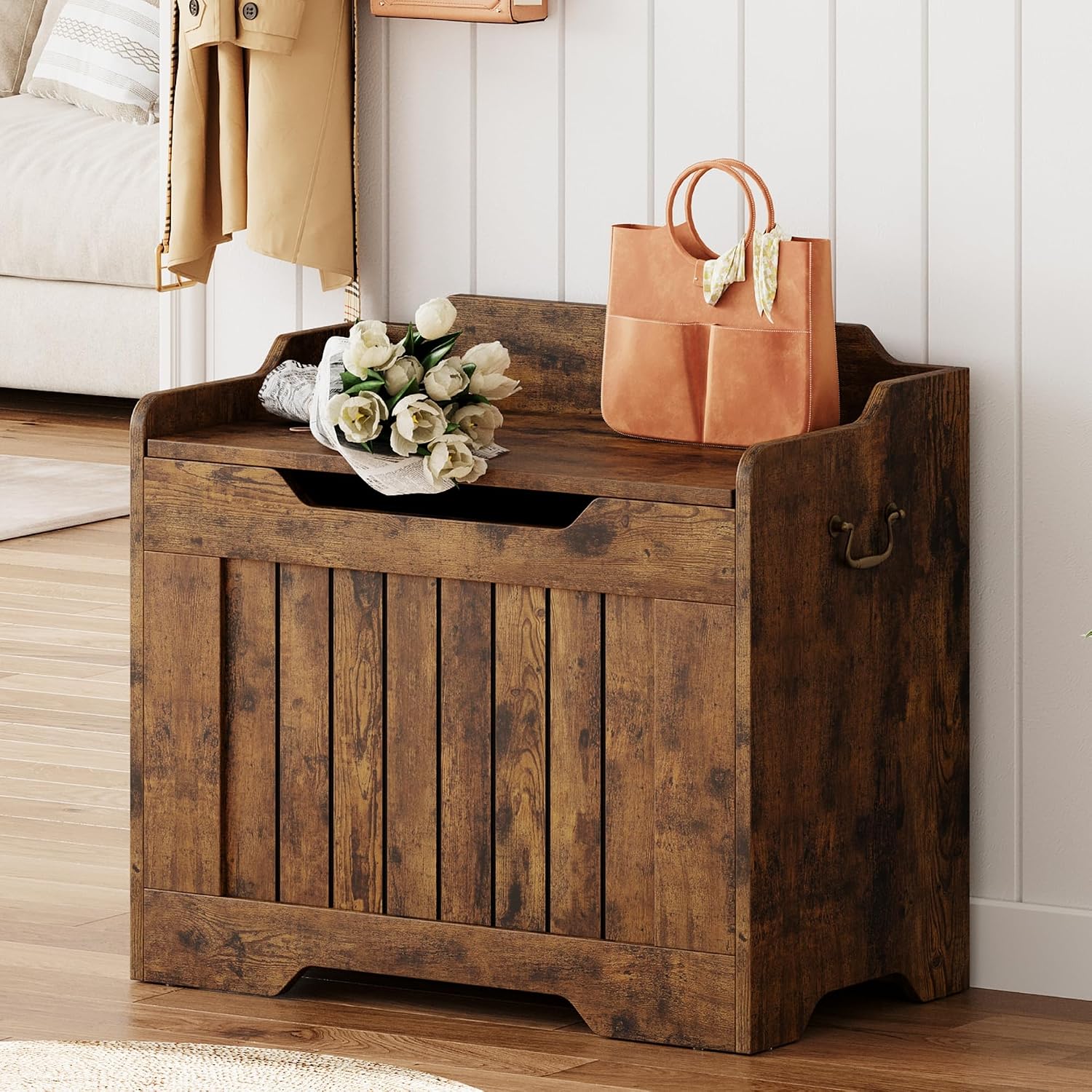 IDEALHOSUE 24.8” Storage Chest, Wooden Storage Bench with Safety Hinge, Retro Blanket Storage Trunk for Entryway, Living Room, Supports 350 lb, Rustic Brown
