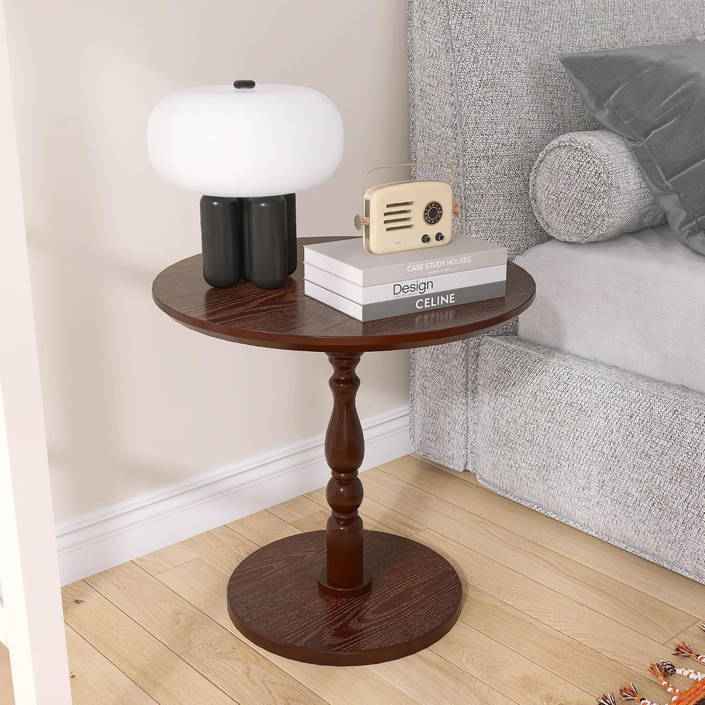 Round Side Table with Pedestal Base, 23.22" Wooden End Table, Coffee Tab...