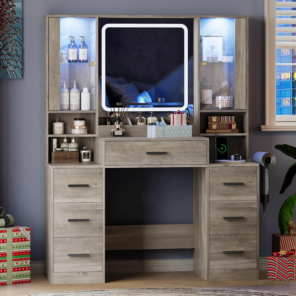 HUANLEGO Makeup Vanity Desk with Mirror and LED Lights for Girls, Grey | Farm...