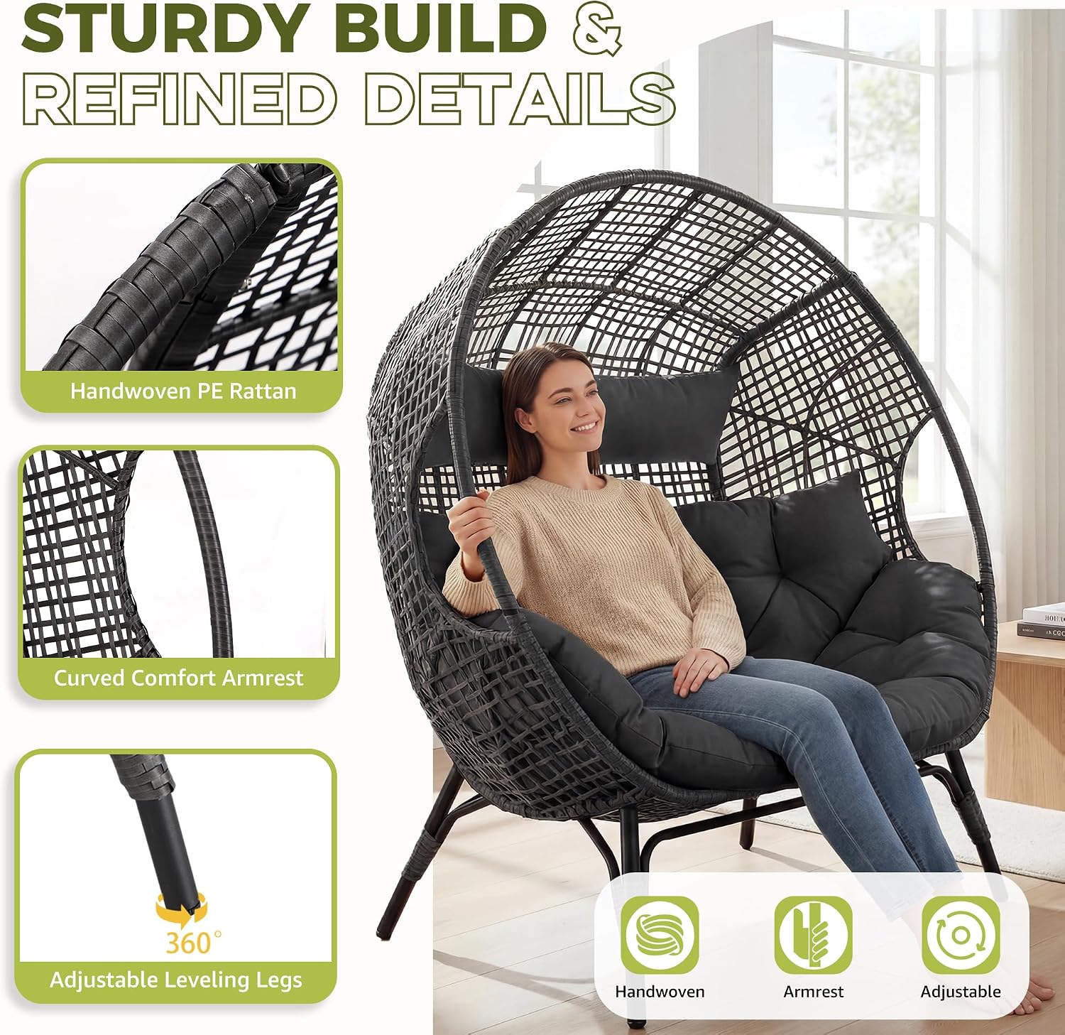 RADIATA Double Egg Chair with Ottoman, 2 Person Outdoor Wicker Loveseat | Outdoor foot rest for Patio, 57.1" Extra Wide Indoor Lounge Chairs, 6.5" Grey Cushion, 2 Seater Person Wicker Seating