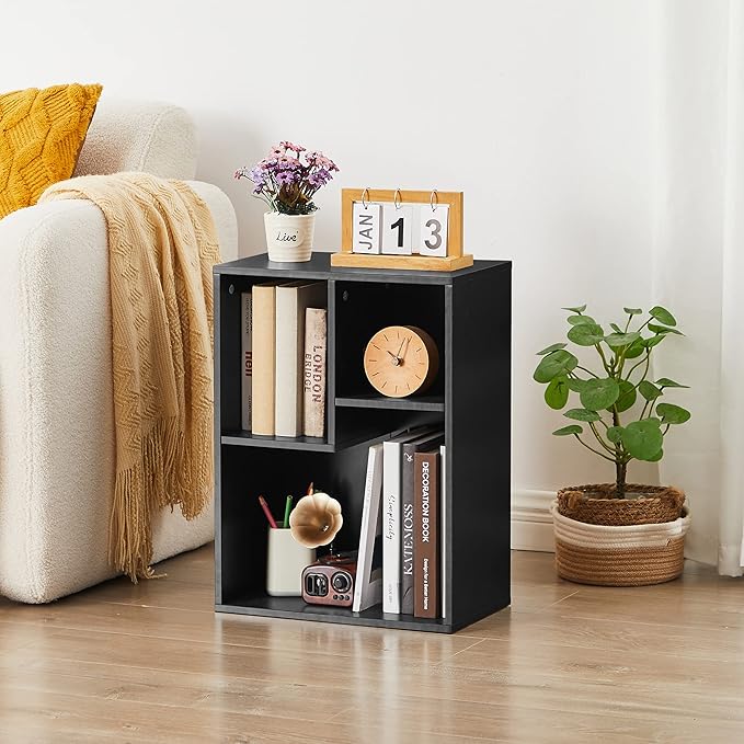 VECELO 3-Cube Small Bookshelf, Modern Bookcases with Shelves Height Up to 12.8 Inches, Suit for Common Size Textbook, Vertical or Horizontal, Cubby Storage Organizer,Vintage Black