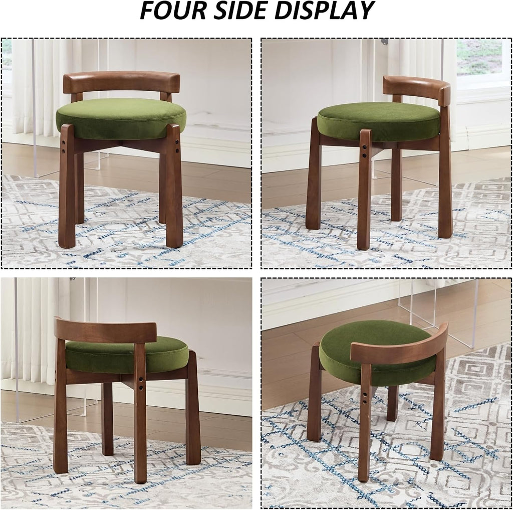 HEAH-YO Wood Vanity Chair with Back, Velvet Upholstered Small Ottoman Footstool, Mid-Century Modern Makeup Chair with Solid Wood Legs for Makeup Room Bedroom Living Room, Green
