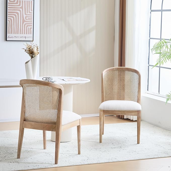 Christopher Knight Home Lilia Dining Chairs Set of 2, Modern Dining Chair with Fabric Upholstery, Rubberwood Frame Kitchen Chairs with Cane Webbing, Extra Seat for Dining Room, Beige + Natural