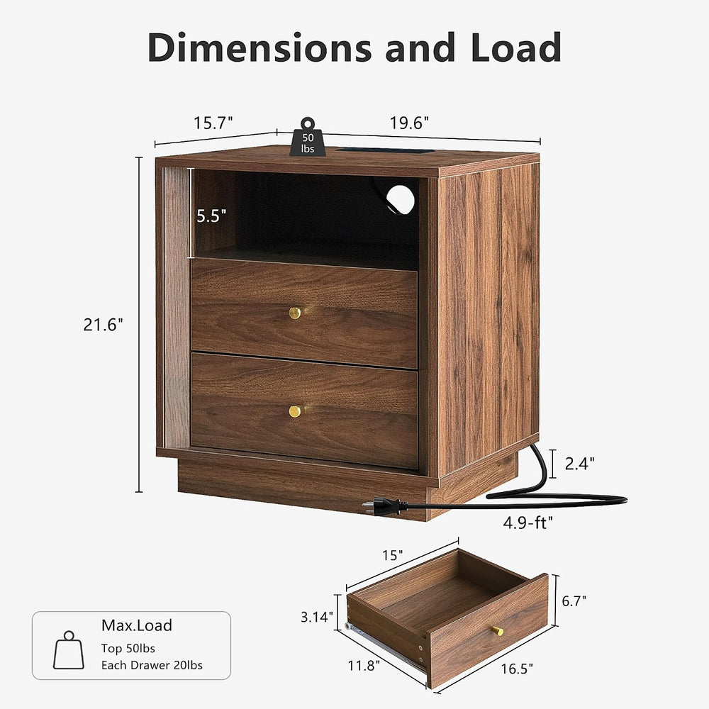 FORTUNETEC 19.6" Nightstand with Charging Station, Dark Walnut