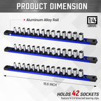 ALOANES 3-Piece Magnetic Socket Organizer, Heavy Duty Aluminum Socket Rails Organizer, 360° Swivel Clips Socket Holder Kit for Tool Box, 1/4-Inch Socket Holder x 42 Clips (Blue)