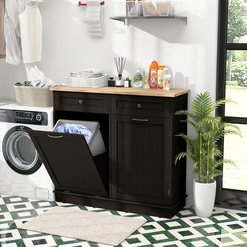 Tilt Out Trash Can Cabinet, Kitchen Island with Storage (Brown) | Large Cabinet & 2 Drawers, Adjustable Shelf, Hidden Garbage Can for Laundry, Kitchen, Bathroom