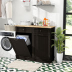 Tilt Out Trash Can Cabinet, Kitchen Island with Storage (Brown) | Large Cabinet & 2 Drawers, Adjustable Shelf, Hidden Garbage Can for Laundry, Kitchen, Bathroom