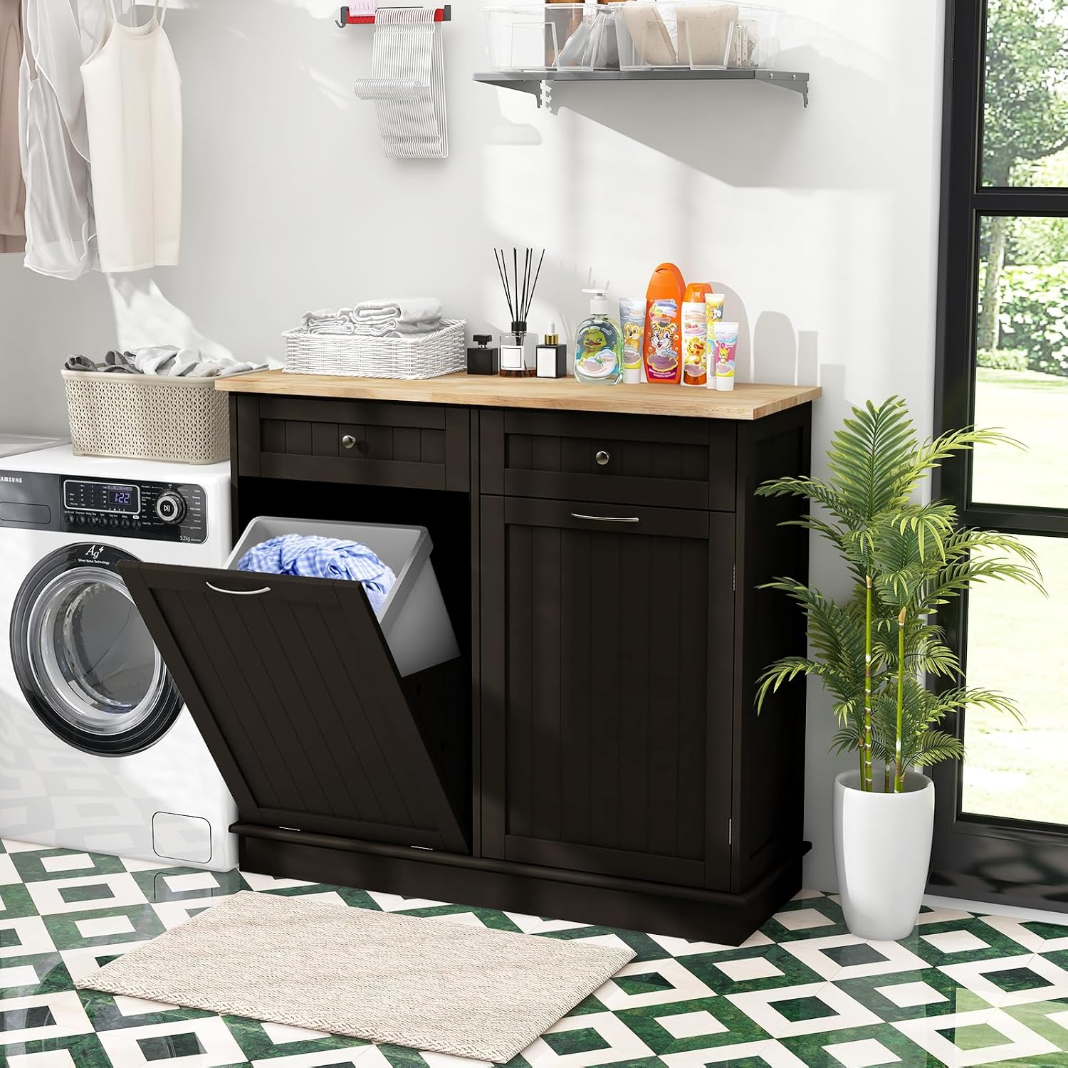 Tilt Out Trash Can Cabinet, Kitchen Island with Storage (Brown) | Large Cabinet & 2 Drawers, Adjustable Shelf, Hidden Garbage Can for Laundry, Kitchen, Bathroom