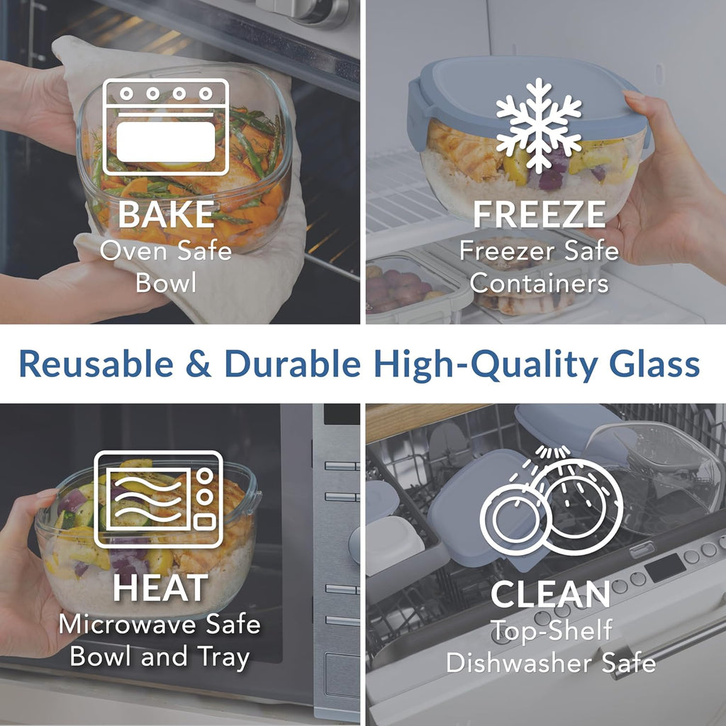 Bentgo Glass All-in-One Salad Container - Large 61-oz Salad Bowl with Lid, 4-Compartment Bento-Style Tray, 3-oz Sauce Container, and Reusable Fork - Dishwasher, Microwave, and Oven Safe (Light Blue)