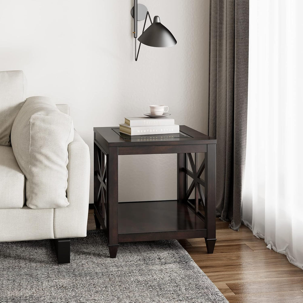 2-Tier Solid Wood End Table with Tempered Glass, Square Wooden Sofa Side Tabl...