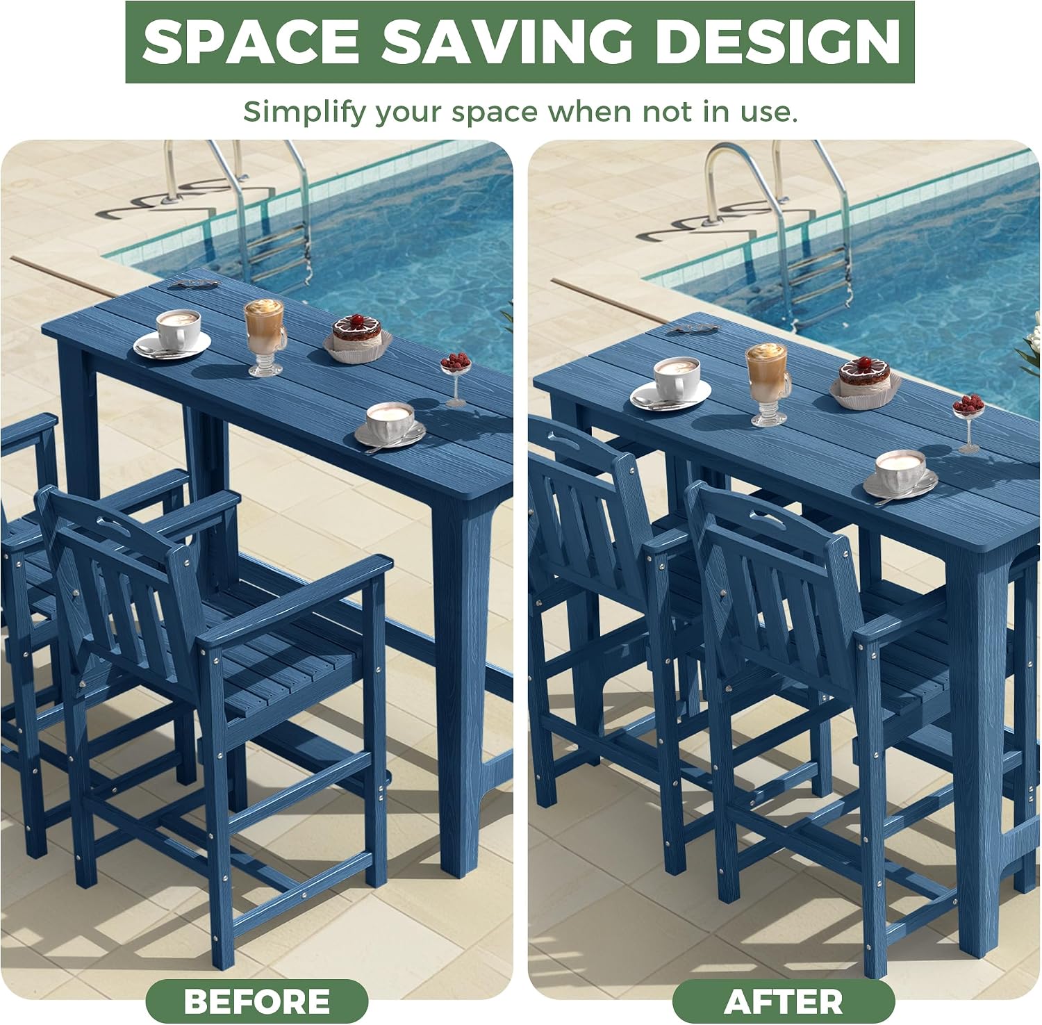 Outdoor Patio Bar Height Table and Tall Adirondack Chairs Set of 2, All-Weather HDPE High Top Long Rectangle Pub Furniture for Outside Balcony Bistro Backyard Pool Deck | 3-Pieces, Navy Blue
