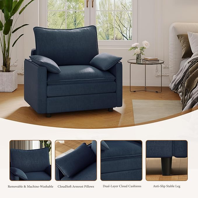 Vesgantti 40" Single Seat Sofa, Comfy Cloud Couch Deep Seat Upholstered Couch Chenille Modern Sofa with Armrest Pillow, Easy Assembly for Living Room, Bedroom and Apartment, Blue