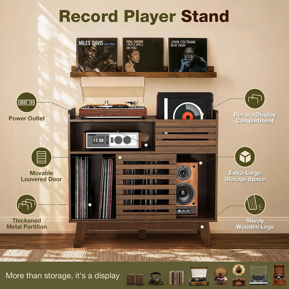 Large Record Player Stand with Charging Station, Mid Century Modern Record Pl...