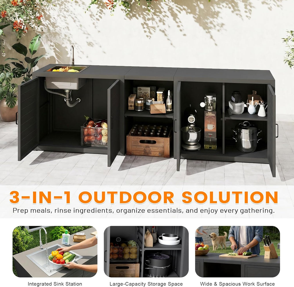 Domi Outdoor Kitchen with Stainless Steel Sink, Aluminum Outdoor Prep Table & Storage Cabinet, 3-Piece All Weather Patio Modular Station for Backyard, Dark Grey
