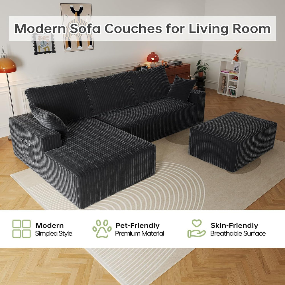 108" U-Shape Modular Sectional Cloud Couch with Ottoman, Deep Seat Couch...