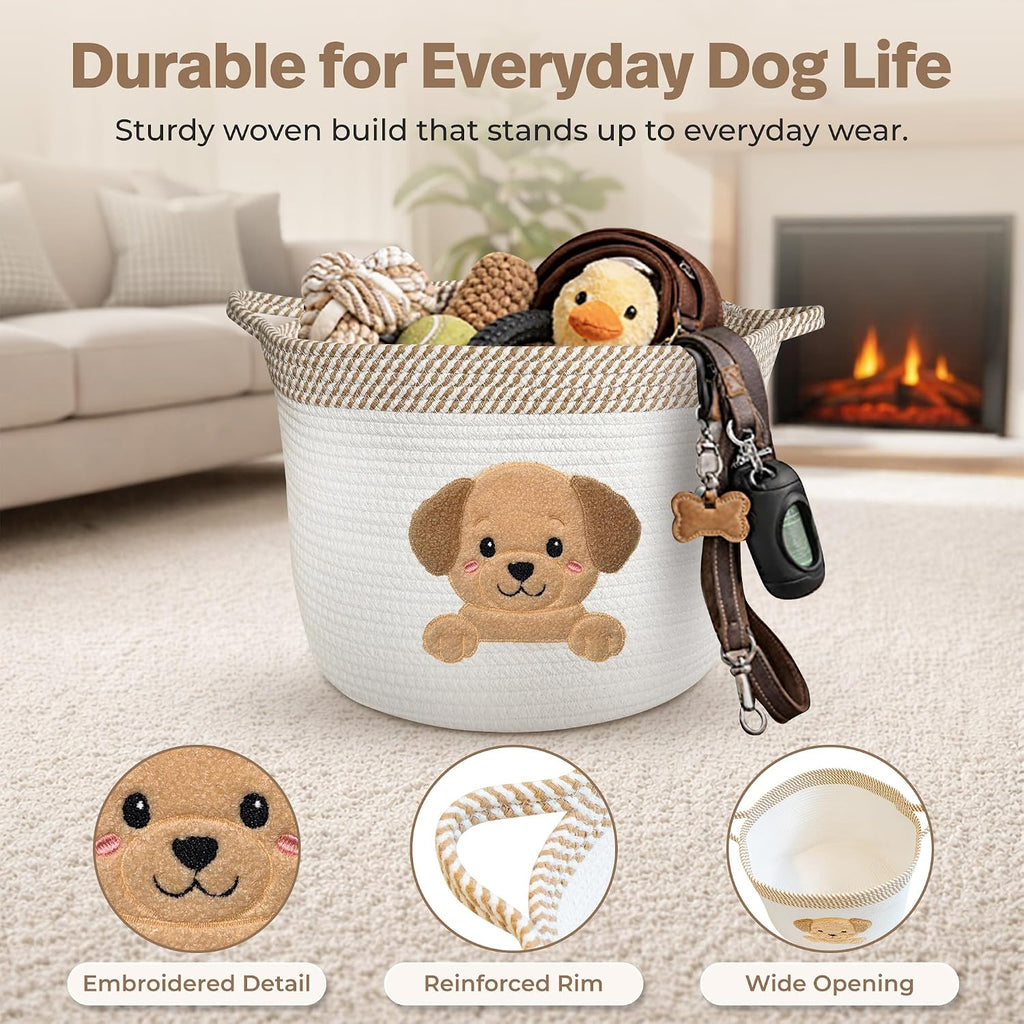 Golden Retriever and Lab Dog Toy Basket, Cotton Rope Storage Bin, 15x11 in | Pet Toy Storage, Blanket and Leash Organizer, Soft Felt Puppy Patch, Dog Mom Gift, Living Room and Crate Side Bin, Spot Clean