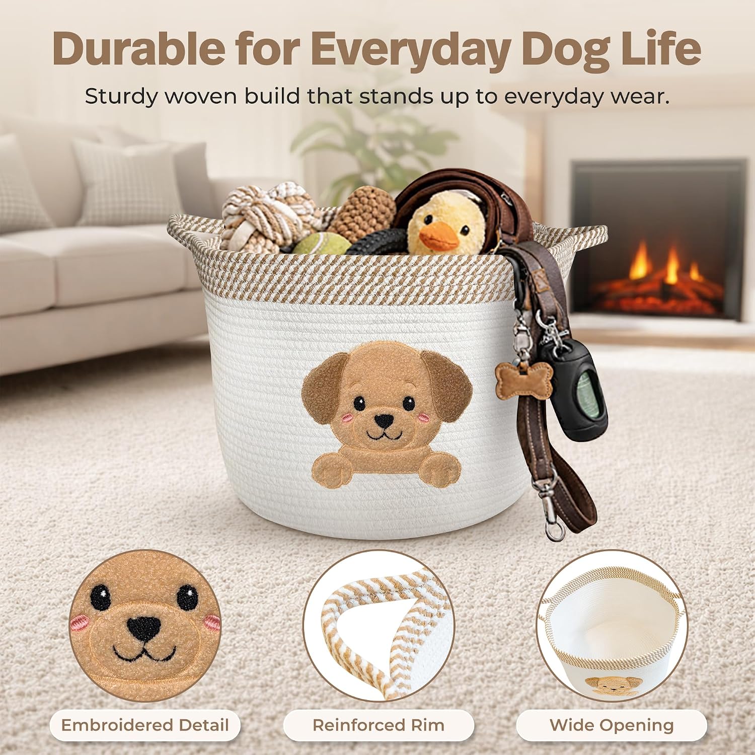 Golden Retriever and Lab Dog Toy Basket, Cotton Rope Storage Bin, 15x11 in | Pet Toy Storage, Blanket and Leash Organizer, Soft Felt Puppy Patch, Dog Mom Gift, Living Room and Crate Side Bin, Spot Clean
