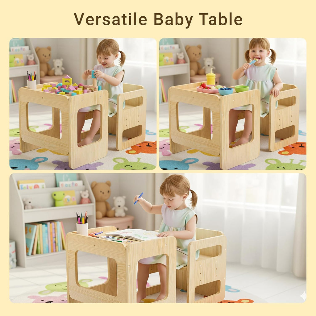 Tilhumt Montessori Weaning Table and Chair Set - 3 Adjustable Height | Kids Activity Table with Fence Wood Toddler Table and Chair Set for 1-3 Age Kids for Read, Playing, Eating, Step Stool