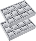 Henoyso 2 Pieces 12 Grid Velvet Watch Tray Jewelry Organizer Stackable Watch Bracelet Bangle Display Holder Adjustable Pillow (Gray)