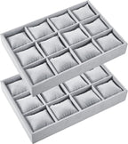 Henoyso 2 Pieces 12 Grid Velvet Watch Tray Jewelry Organizer Stackable Watch Bracelet Bangle Display Holder Adjustable Pillow (Gray)