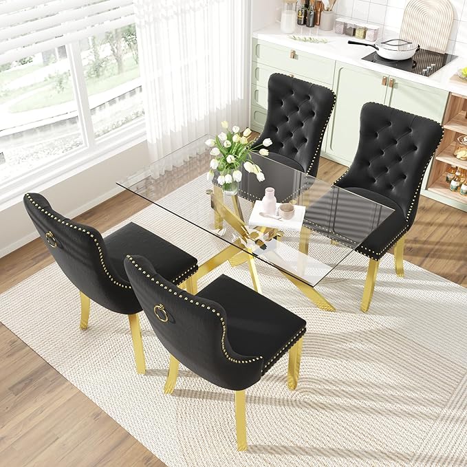 51 Inch Glass Dining Table Set for 4, Rectangular Glass Kitchen Table with 4 Upholstered Velvet Accent Chairs, 5 Piece Modern Dining Room Set, for Home, Apartment, Small Spaces - Black Gold