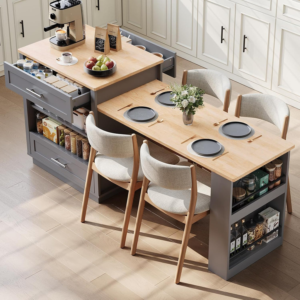 ONBRILL 76" Kitchen Islands with Extendable Dining Table, 2-4 Island Table with Double-Side Storage, Mobile Storage Islands Cart with Power Outlet & Spice Rack, Grey