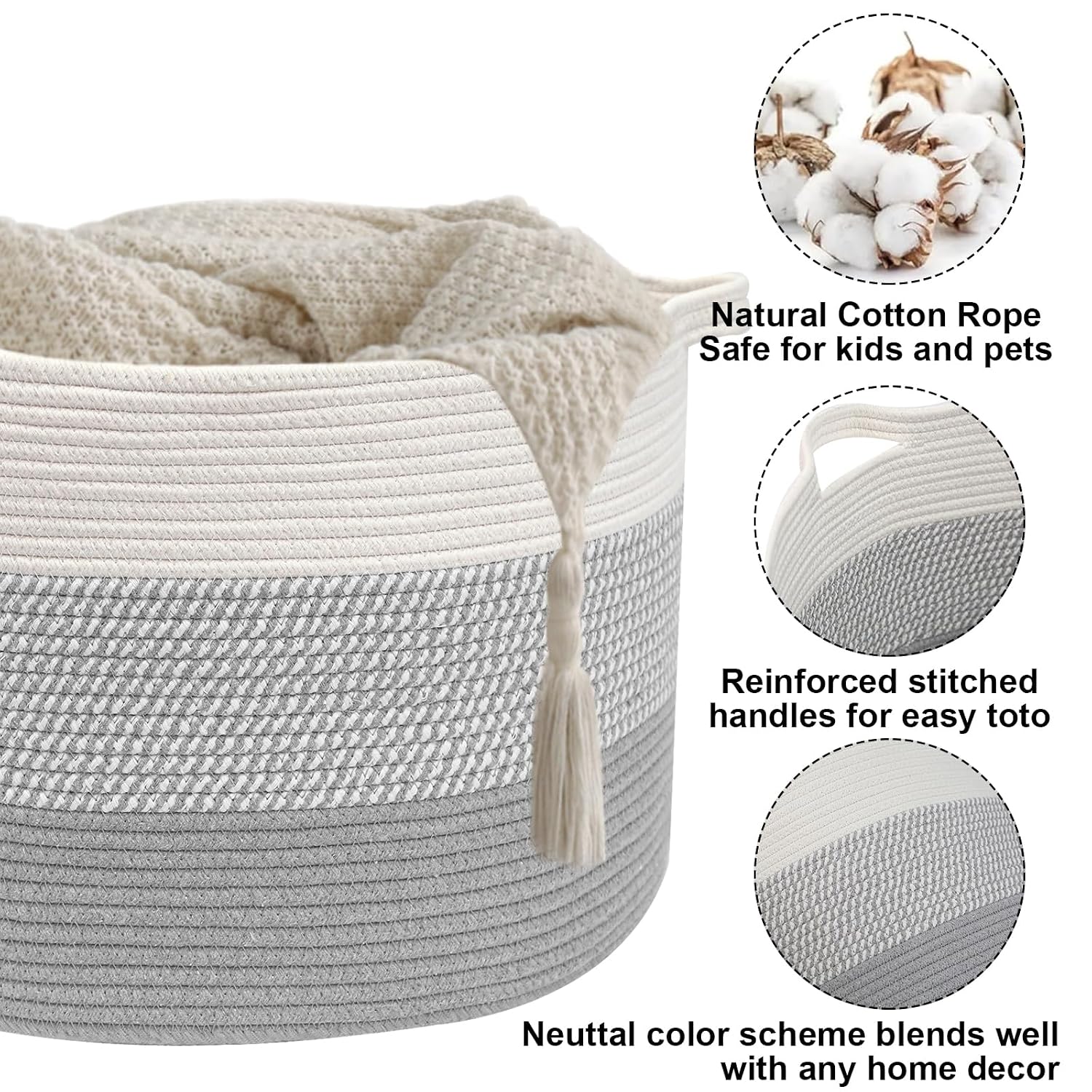 90L Extra Large Blanket Basket,Woven Rope Laundry Basket-Grey | Collapsible, reinforced handles, nursery storage bin organizes clothes, toys and pillows for living room, bedroom bathroom