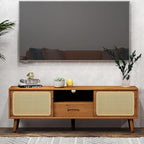 HollyHOME Bamboo TV Stand with Storage for TVs up to 65", Modern Entertainment Center with Rattan and Drawer, Accent TV Table with 2 Shelf, Media Console Cabinet for Living Room, Bedroom, Walnut