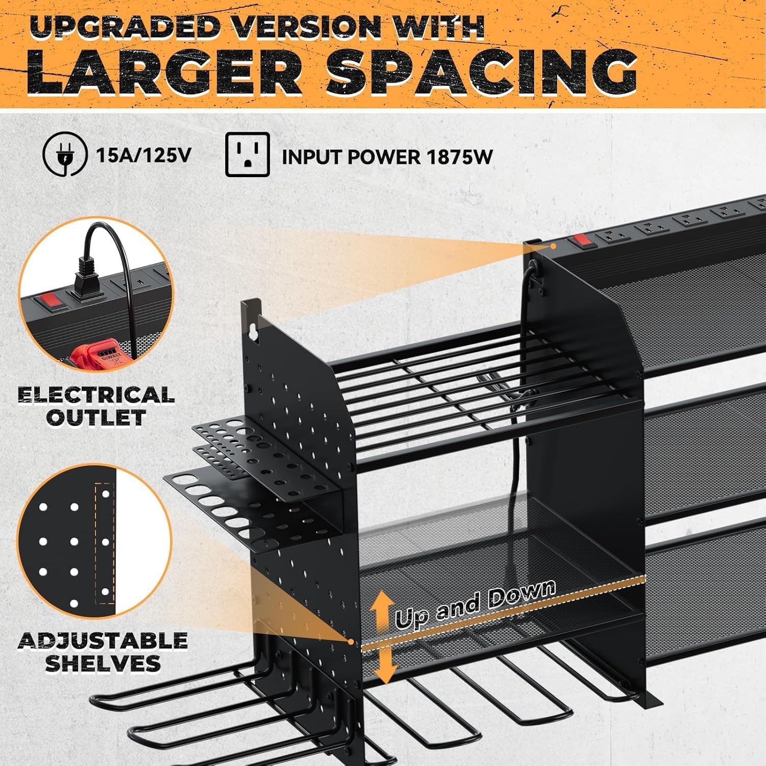 Upgrade Large Power Tool Organizer Wall Mount with Charging Station, 6.5FT Power Strip, 10 Drill Holders, and Storage Rack for Garage Organization