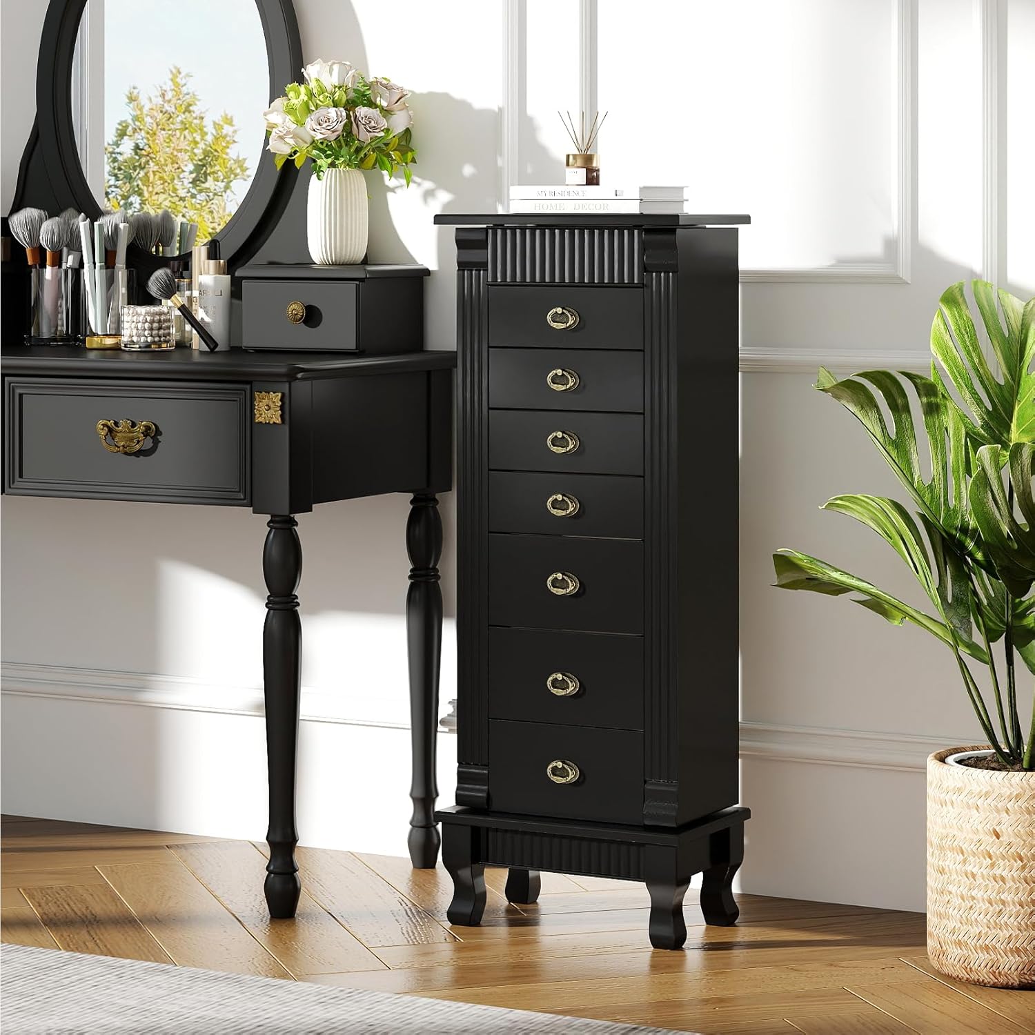 Giantex Standing Jewelry Cabinet with 7 Drawers, Flip-Top Mirror, 2 Side Doors with 12 Necklace Hooks, Divided Ring Compartments, Velvet-Lined Jewelry Armoire Organizer Chest (Black)