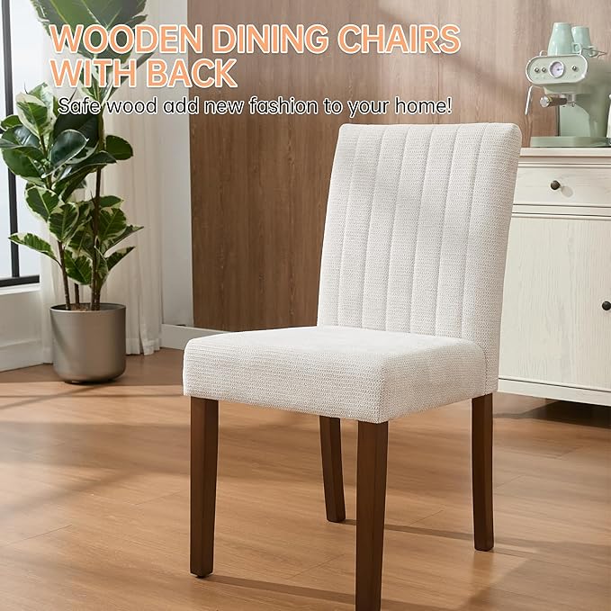 Upholstered Dining Chairs Set of 6, Button Tufted Parsons Chairs with Wood Legs and Padded Seat, Modern Fabric Side Chairs for Dining Room Kitchen Farmhouse Hotel, Beige