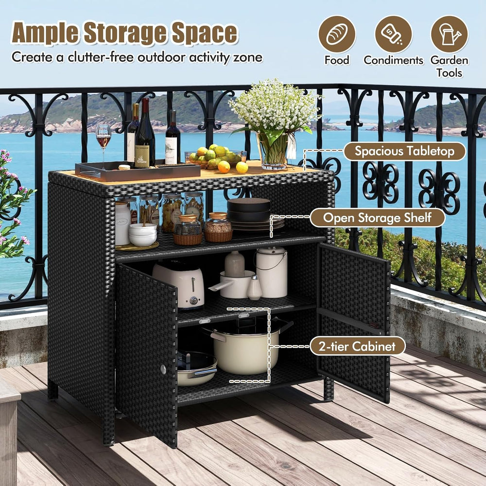 DREAMADE Outdoor Storage Cabinet, Wicker Patio Cabinet with Wood Top, Black