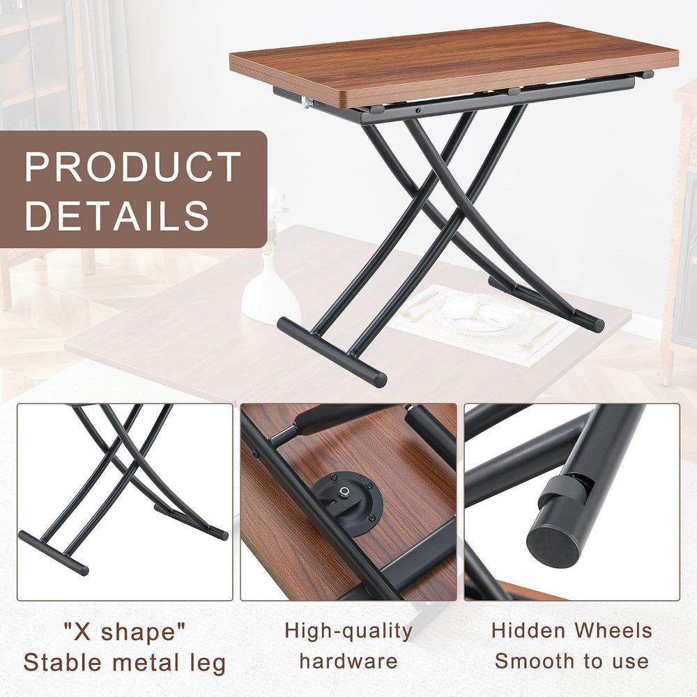 Space Saving Folding Dining Table, Adjustable Height Foldable Coffee Table wi...