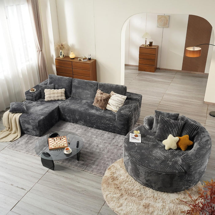 164" Boneless Cloud Couch with Round Chair, Modular Sectional Sofa with Chaise Lounge Indoor,No Assembly Required Couches for Living Room,Grey