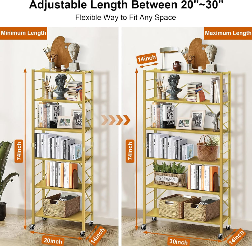 6-Tier Foldable Storage Shelves Expandable Shelf Wheels Gold 2-in-1