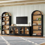 3-Piece Farmhouse TV Stand Set with Bookshelf for TVs Up to 70", Two-Tone Wood Grain Entertainment Center with Arched Design, Retro Sideboard with Tempered Glass Doors for Living Room (Black+Walnut)
