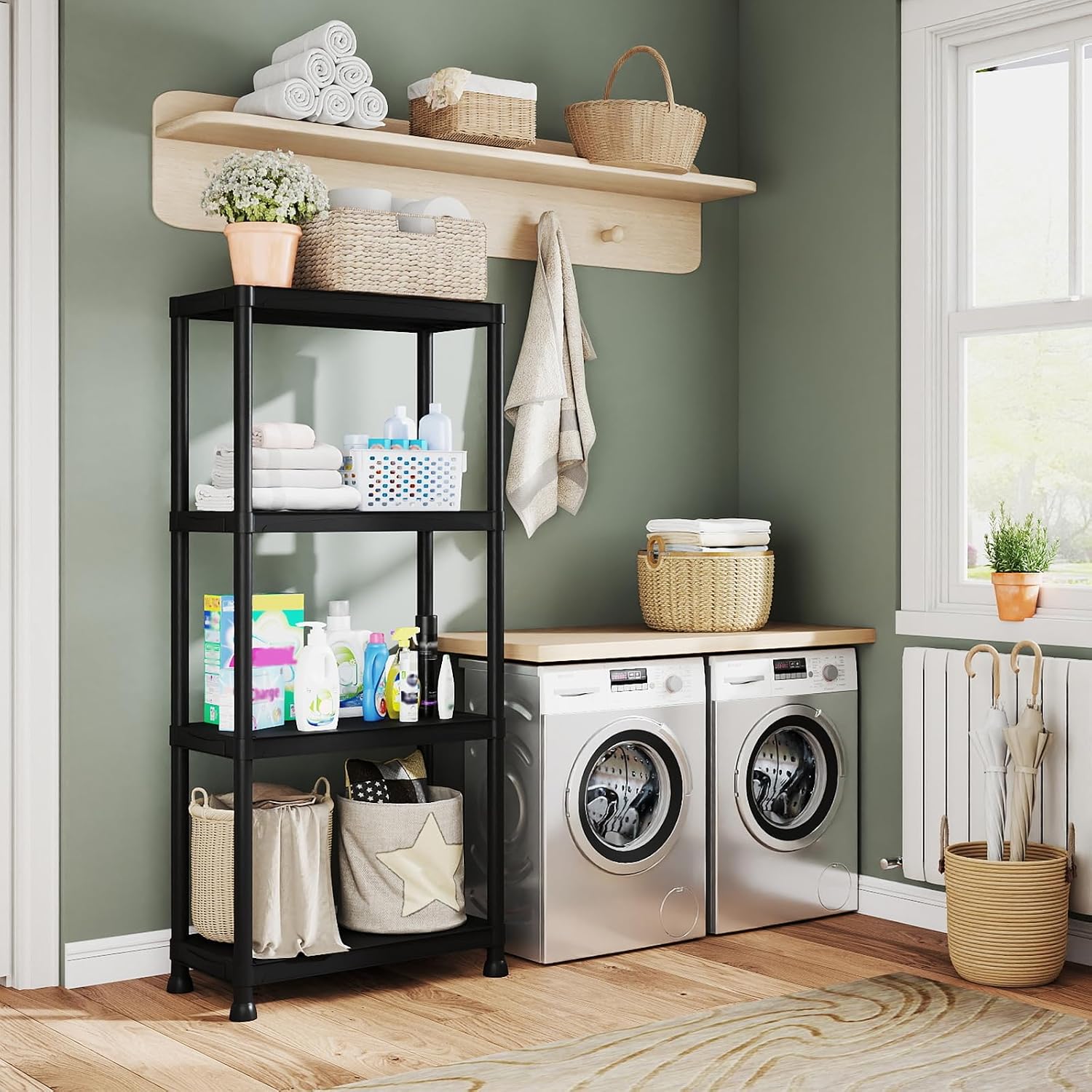 Plastic Storage Shelves, 12" D x 24" W x 52.56" H Plastic Shelves for Storage, 4-Tier Shelving Unit, Storage Rack, 264 lbs, Bathroom, Laundry, Garage & Home
