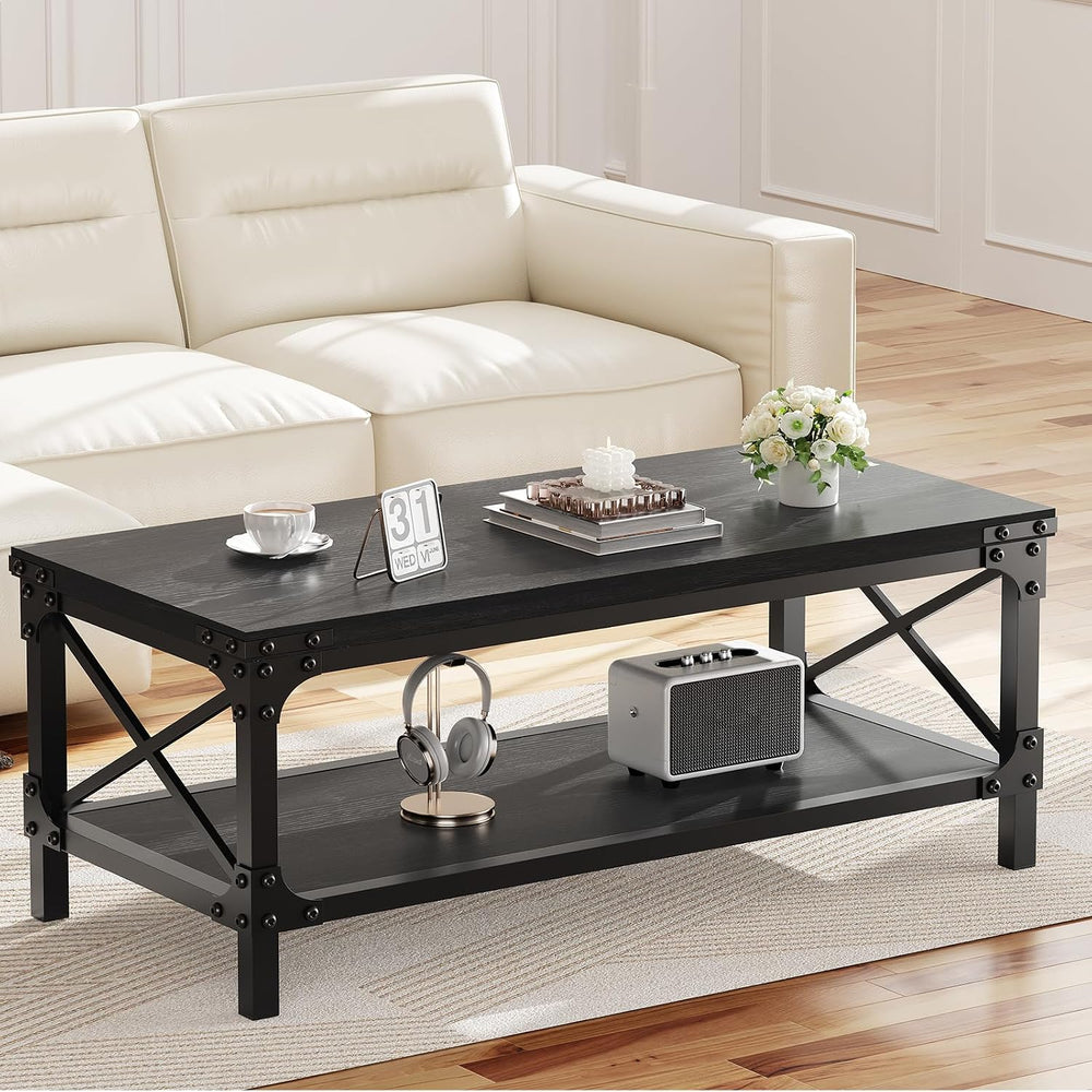 Rectangle Coffee Tables for Living Room, Wood Rectangular Coffee Table, 2 Tie...