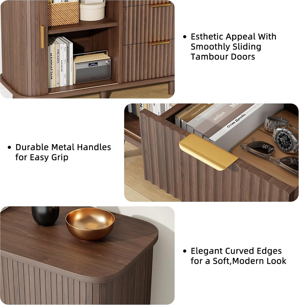 Lulive Walnut Buffet Cabinet, 55" Wide Sideboard Buffet Storage Cabinet | Rolling & Sliding Doors, 3 Wood Drawers, Bar Cabinet for Dining Room, Adjustable Shelves, Wooden Legs