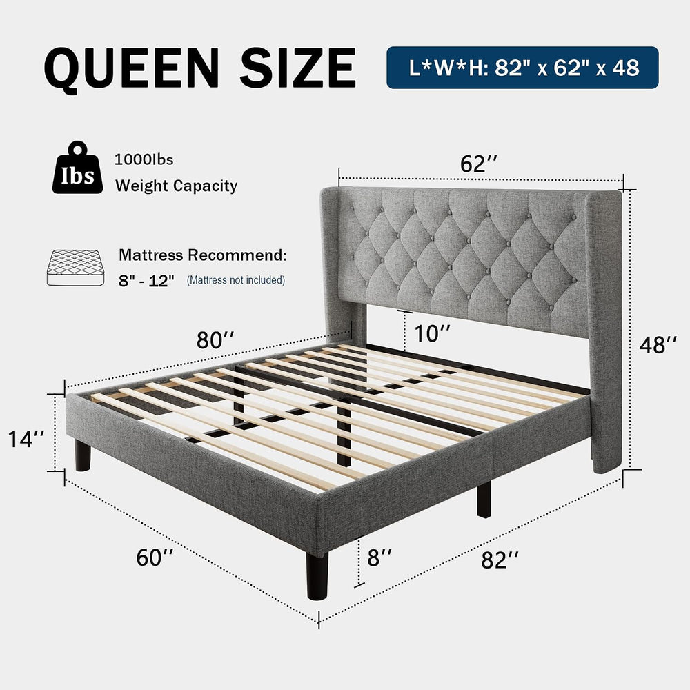 GalnFu Queen Size Bed Frame with Button Tufted Headboard, Upholstered Platfor...