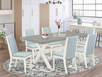 East West Furniture X097LA015-7 7 Piece Modern Dining Table Set Consist of a Rectangle Wooden Table with X-Legs and 6 Baby Blue Linen Fabric Upholstered Chairs, 40x72 Inch, Multi-Color