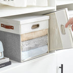 13x13 Inch Ultra Thick Fabric Storage Bins with Lids & Windows, 3P | Foldable, Closet Storage Bins, with 3 Handles, Home Decorative Boxes, for Bedroom, Living Room, Dorm, Office (Gray & White)