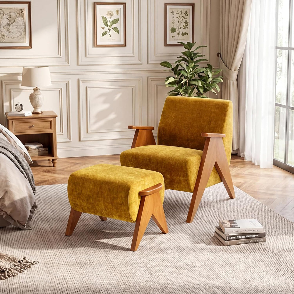 Linen Padded footstools Mid Century Modern Ottoman with Wood Frame, Lounge Up...