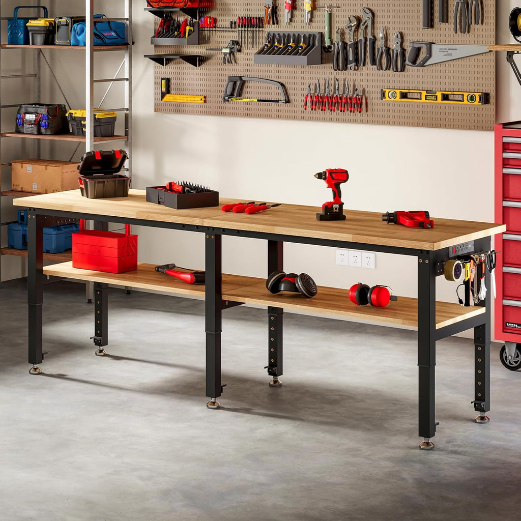 SPECRAFT Adjustable 2-Tier Workbench with 4 AC Outlet and 2 USB Ports Power Outlets, 2000 Lbs Capacity Heavy Duty Workbench, Rubber Wood Top for Garage, Workshop, Office（96x20in）