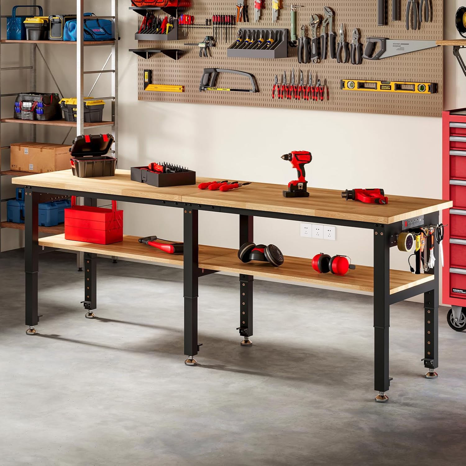 SPECRAFT Adjustable 2-Tier Workbench with 4 AC Outlet and 2 USB Ports Power Outlets, 2000 Lbs Capacity Heavy Duty Workbench, Rubber Wood Top for Garage, Workshop, Office（96x20in）