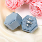 WantGor Velvet Jewelry Ring Box, 3 Slots Hexagon Ring Gift Box Ring Holder | Vintage Ring Display Case for Wedding Ceremony Proposal Engagement (Ocean Blue, 3 Slots)