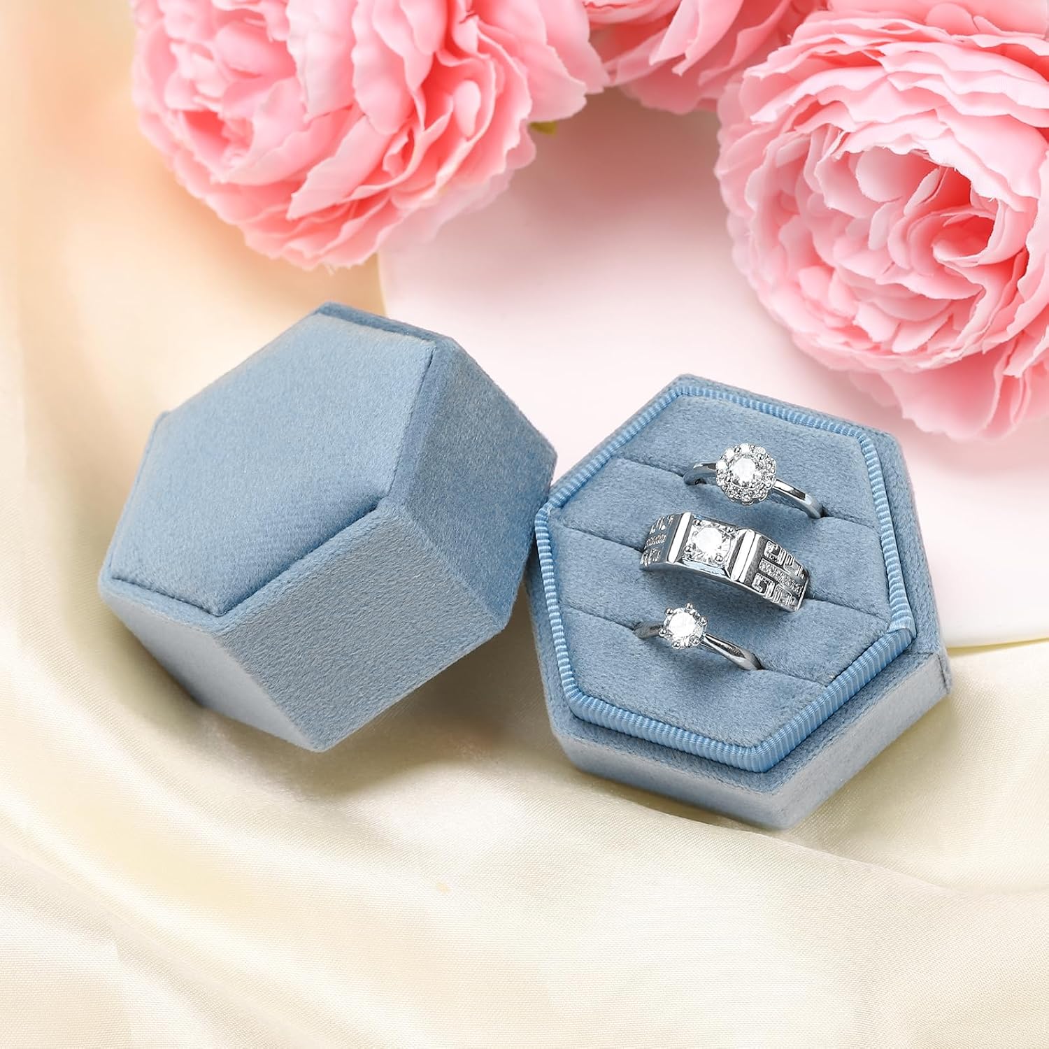 WantGor Velvet Jewelry Ring Box, 3 Slots Hexagon Ring Gift Box Ring Holder | Vintage Ring Display Case for Wedding Ceremony Proposal Engagement (Ocean Blue, 3 Slots)