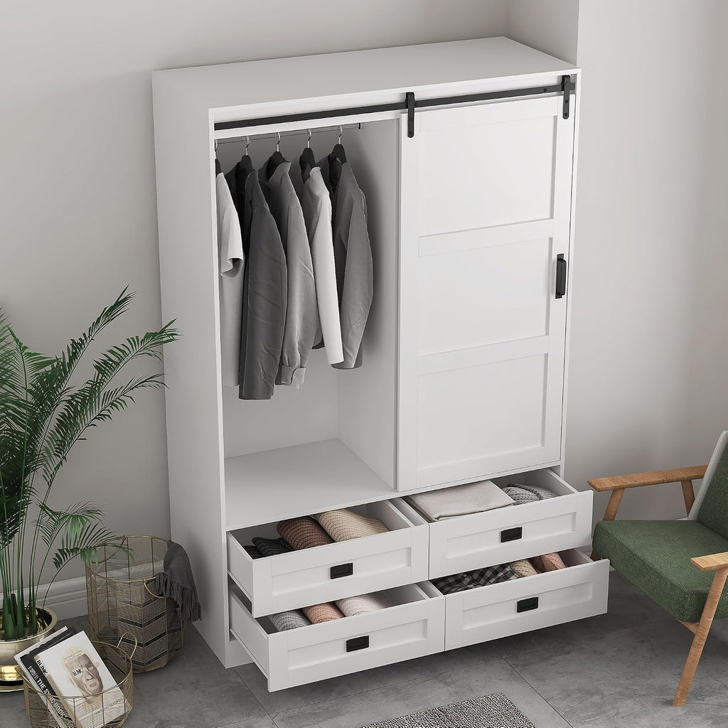 Wardrobe Closet with Sliding Barn Door, Wooden Bedroom Armoire Wardrobe Cabinet Closet with 4 Drawers, Adjustable Shelves and Hanging Rod, Bedroom Storage Closet Cabinet for Hanging Clothes, White